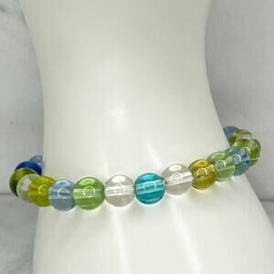 Blue Green and Clear Beaded Stretch Bracelet